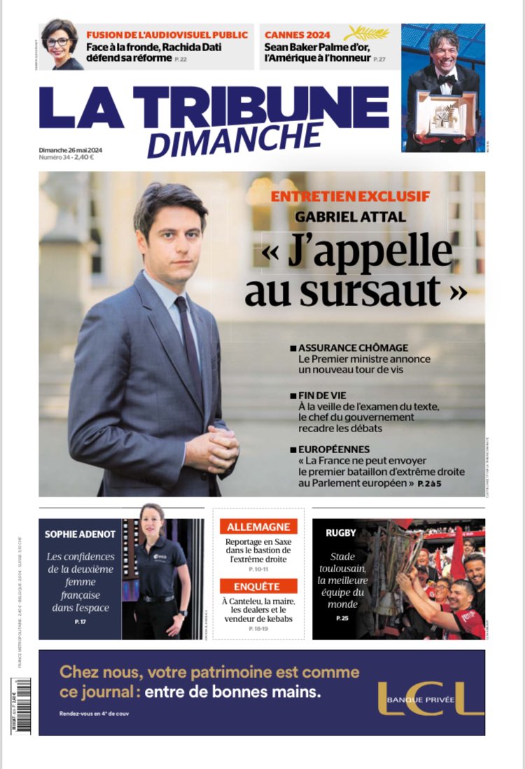 ☑️ interview exclusive du Premier ministre @GabrielAttal. ☑️ Rachida Dati défend la réforme de l’audiovisuel public. ☑️ la parole rare de Martin Bouygues. ☑️ en direct du palmarès de Cannes. Voici le numéro 34 de @LaTribune Dimanche.