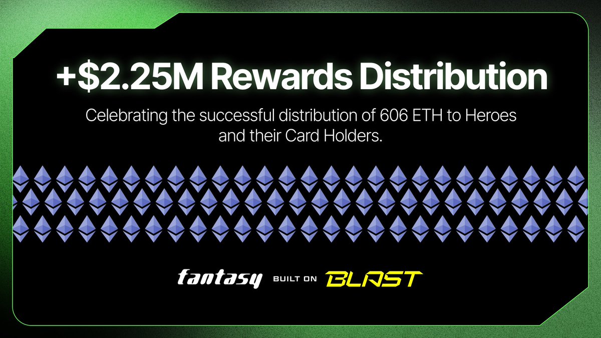 +$2,250,000 has been successfully distributed to Heroes and Card Holders. 🤝

Amazing News! 🎁

606 ETH (+$2.25M) have been successfully distributed to Heroes and their card holders. 

This tremendous success is paving the way for a bright future in Fantasy. 🧵