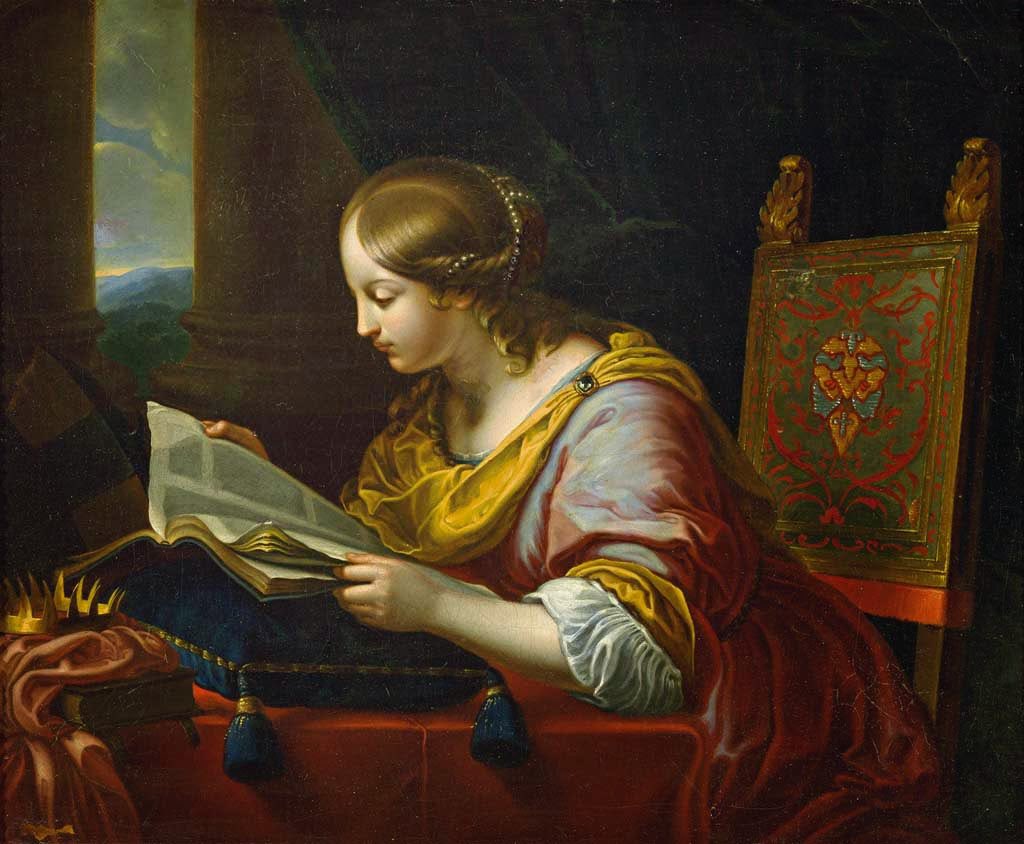 2/2 Saint Catherine of Alexandria, reading. Painted by Carlo Dolci of Florence, whose birthday is today.
