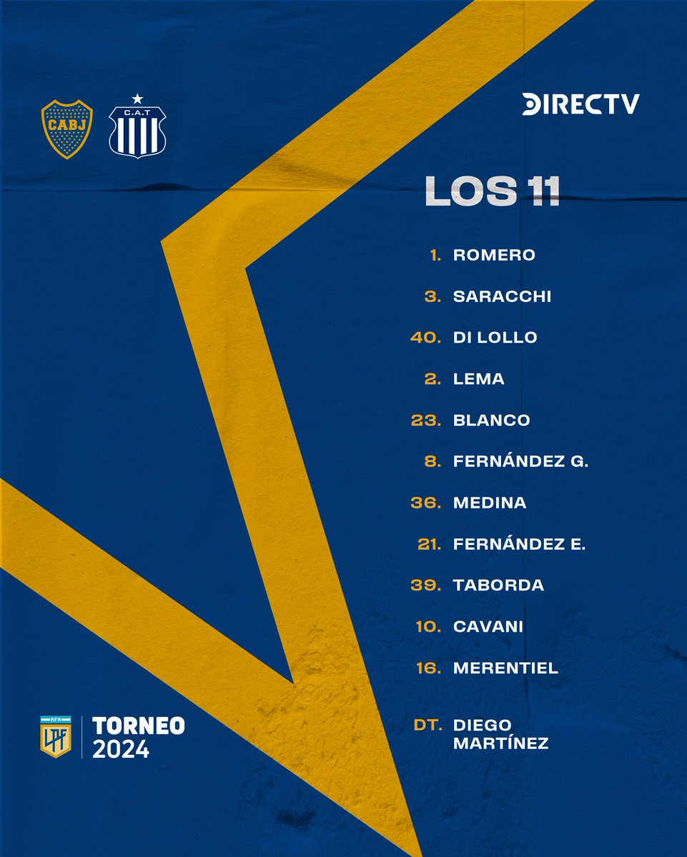 📋 ¡𝗟𝗢𝗦 𝟭𝟭 𝗗𝗘 #𝗕𝗢𝗖𝗔! 👊 Formación confirmada para recibir a Talleres en el Templo. #DaleBoca 🔵🟡🔵 #Torneo2024 ⚽️