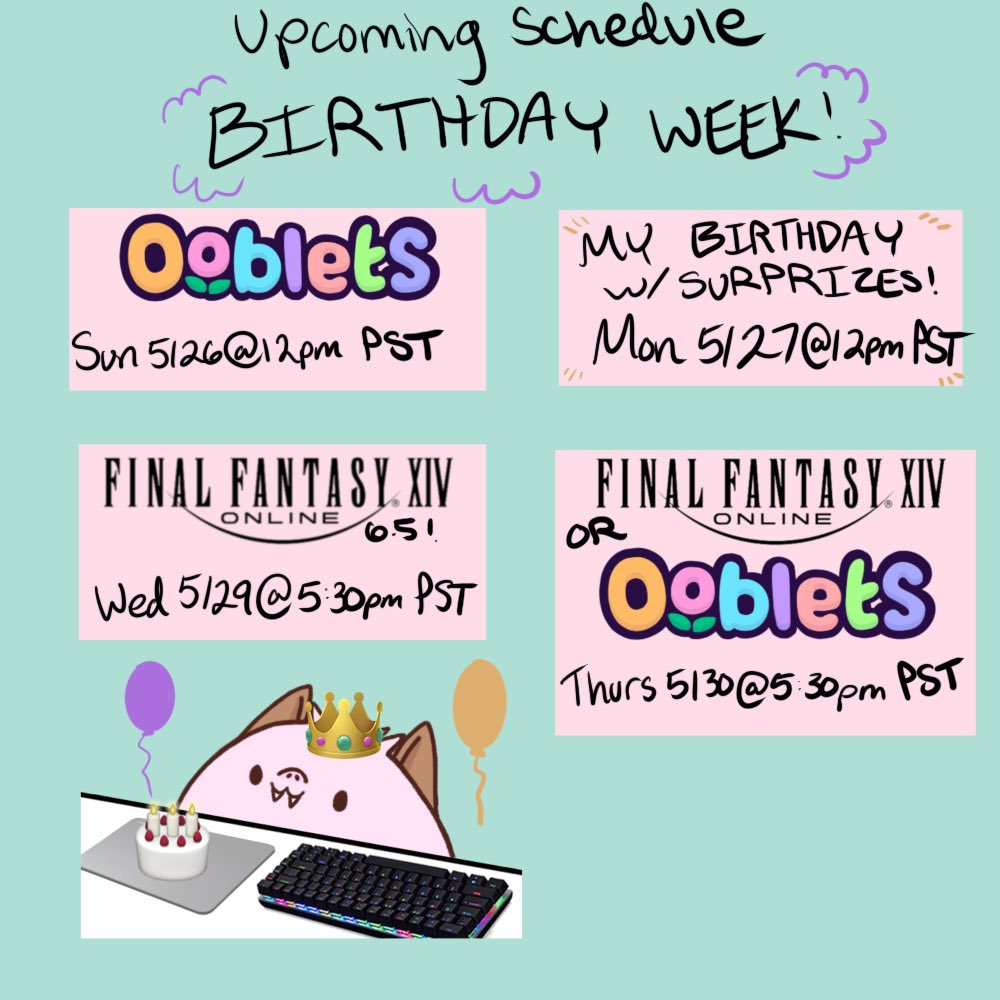 TogeNebula's tweet photo. Here’s my schedule for the week! My birthday is in two days and I have something fun planned! Its a surprise for now, but I swear it will be really fun to watch! I want to play Ooblets for vibes, so join me as a start a new save file for streams! Schedule art is by me! #TogefLIVE https://t.co/nCz07EbMV3