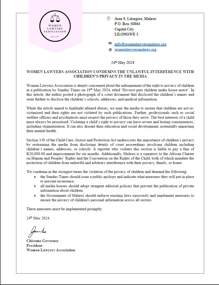 WOMEN LAWYERS ASSOCIATION CONDEMNS THE UNLAWFUL INTERFERENCE WITH CHILDREN’S PRIVACY IN THE MEDIA