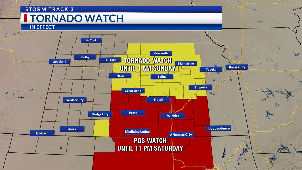 #kswx An additional TORNADO WATCH has been issued for Northcentral into Northeast Kansas until 1 AM Sunday. There is also a PARTICULARLY DANGEROUS SITUATION TORNADO WATCH in effect until 11 PM Saturday farther south. Stay with @KSNNews @KSNStormTrack3 for updates.