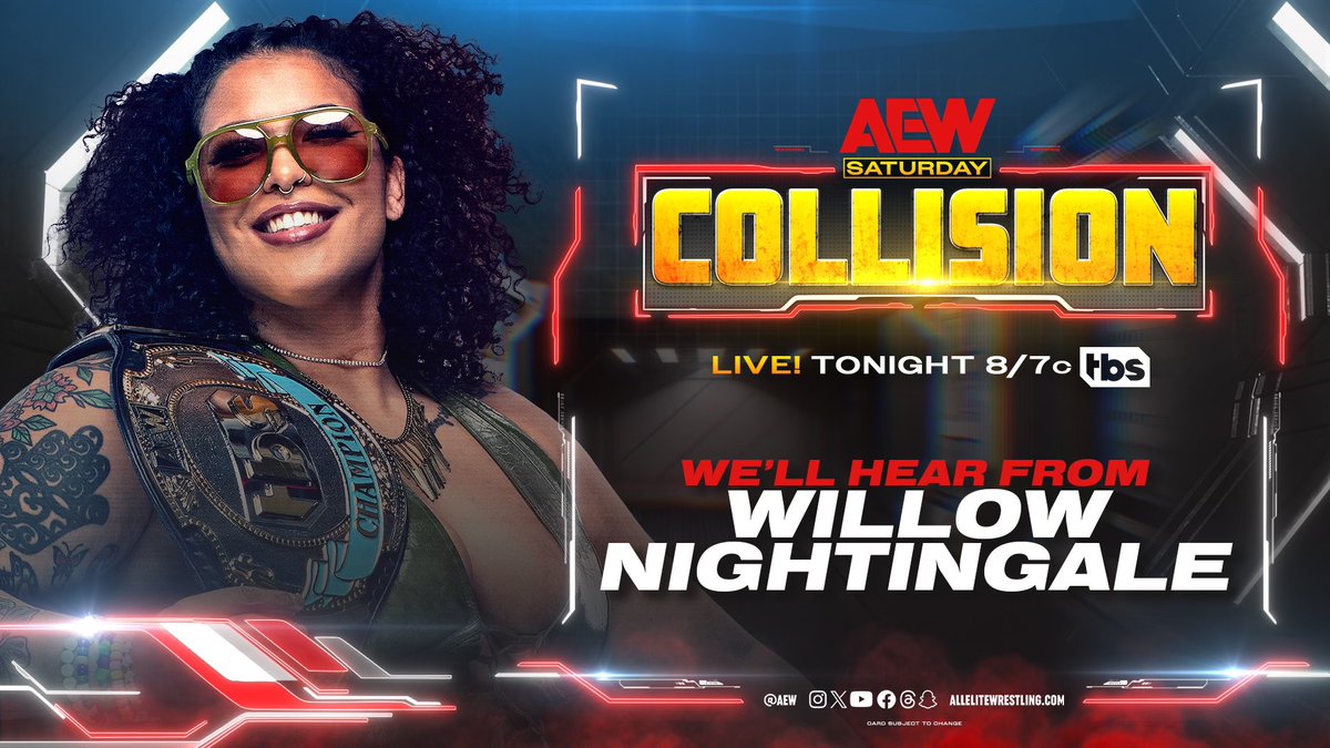 TONIGHT #AEWCollision Las Vegas LIVE @TBSNetwork 8pm ET/7pm CT After her Double or Nothing challenger @MercedesVarnado held up the championship belt to close last night's #AEWRampage, we'll hear from the TBS Champion @willowwrestles 24 hours before #AEWDoN, live on TBS tonight!