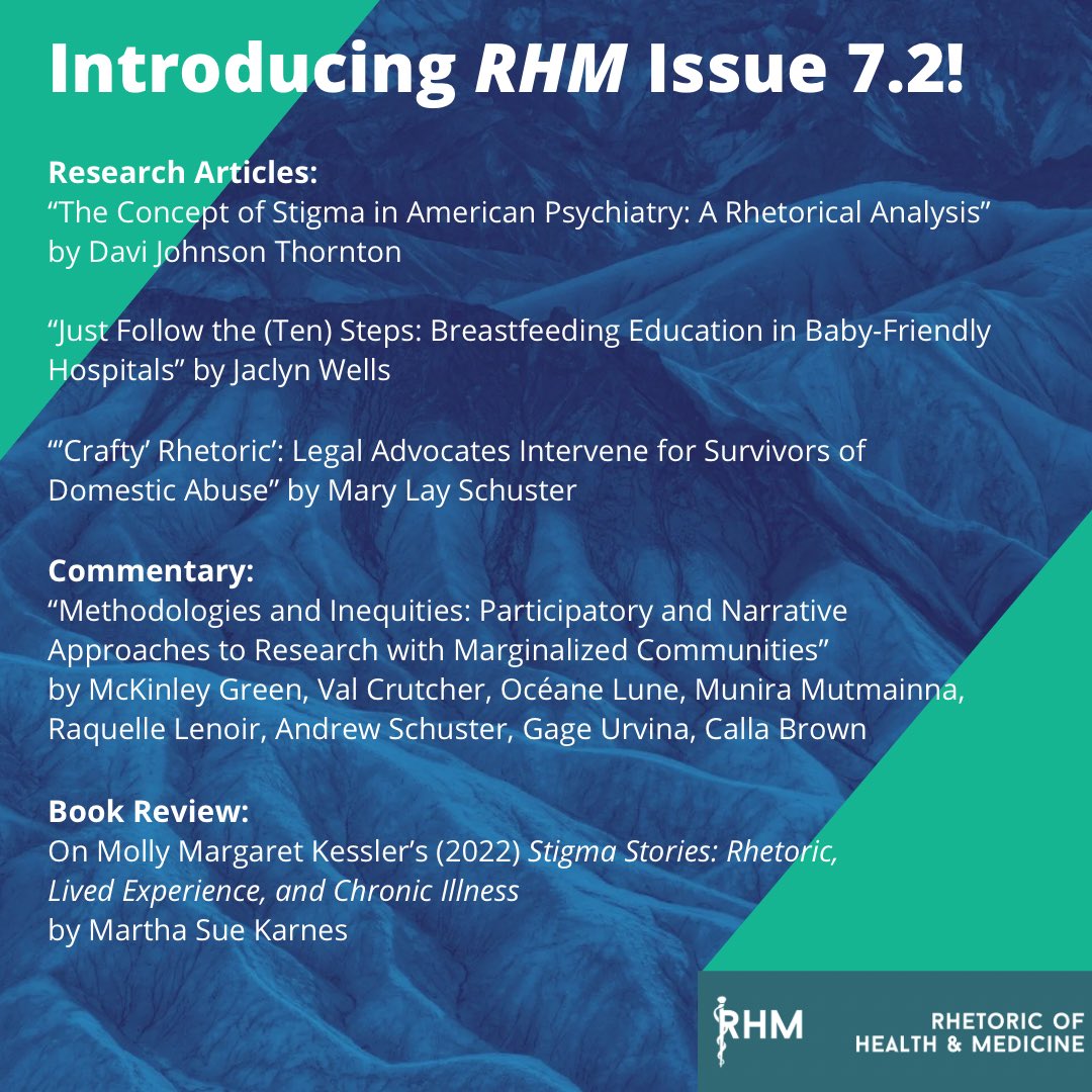 #RHM 7.2 is out now! Topics include: stigma in psychiatry, breastfeeding education, legal rhetoric, research methods and working with marginalized communities, and chronic illness. Many thanks to all the contributors! 

Full issue can be found at: journals.upress.ufl.edu/rhm/issue/view…