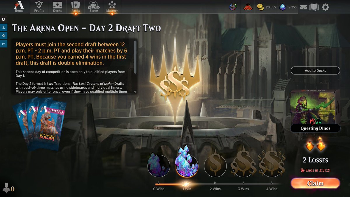 Ziegor1's tweet photo. 1-2 in 2nd draft on Day 2 of the LCI Arena Open with Gruul Dinos. 
So just 15k gems instead of real money. 

Draft 1 went 4-0 with Izzet Pirates splashing Caparocti Sunborn. https://t.co/xq2nGiADrP