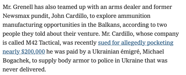 Ric Grenell and another Twitter troll are looking to 'explore ammunition manufacturing opportunities in the Balkans'...I don't think it's possible to make up a more hilariously corrupt sounding business venture. nytimes.com/2024/05/25/us/…
