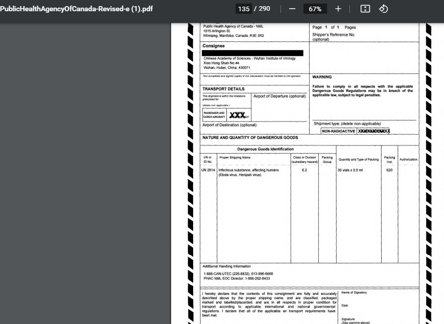 DeceitinDrugs's tweet photo. 30 vials of #ebola virus were sent to Chinese Academy of Science, #Wuhan Institute of Virolgy from #Canada for sure as indicated in this shipping invoice.
#FiredScientists 
#securitybreach 
#Biohazard 
 @LarryBrockMP 
@stevenchase 
@RobertFife 
@RealAndyLeeShow 
#cdnpoli https://t.co/aTwnVoeAmj