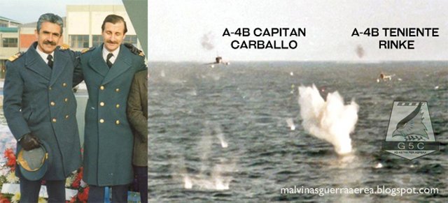 Un día como hoy, los tripulantes de la fragata HMS Broadsword veían venir estos dos Halcones argentinos bien pegados al agua en en corrida final rumbo a su objetivo. Los por entonces, Capitán "Cruz" Carballo y el "numeral de hierro, Teniente "Palo" Rinke.