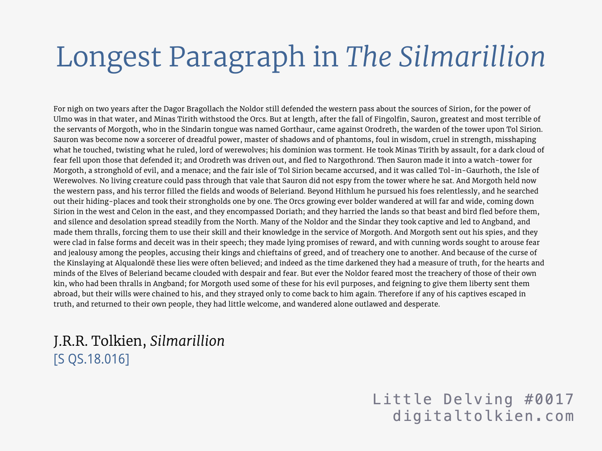 Little Delving #0017

Longest Paragraph in The Silmarillion

#tolkien #jrrtolkien #silmarillion #corpuslinguistics
