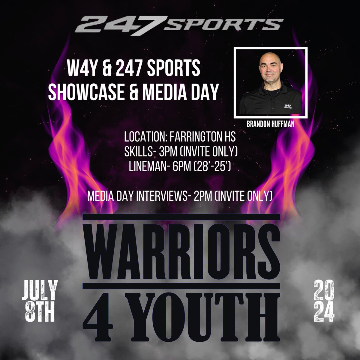 🚨 ATTENTION!! 🚨

We are pleased to announce a #warriors4youth collaboration event with @247sports &amp; @brandonhuffman247 

Skills/Lineman Showcase &amp; Media Day- 
July 8th 2pm-8pm @ Farrington High School!

*Skills Showcase is “Invite Only”

*Lineman Showcase 28’-25’. Link in Bio.