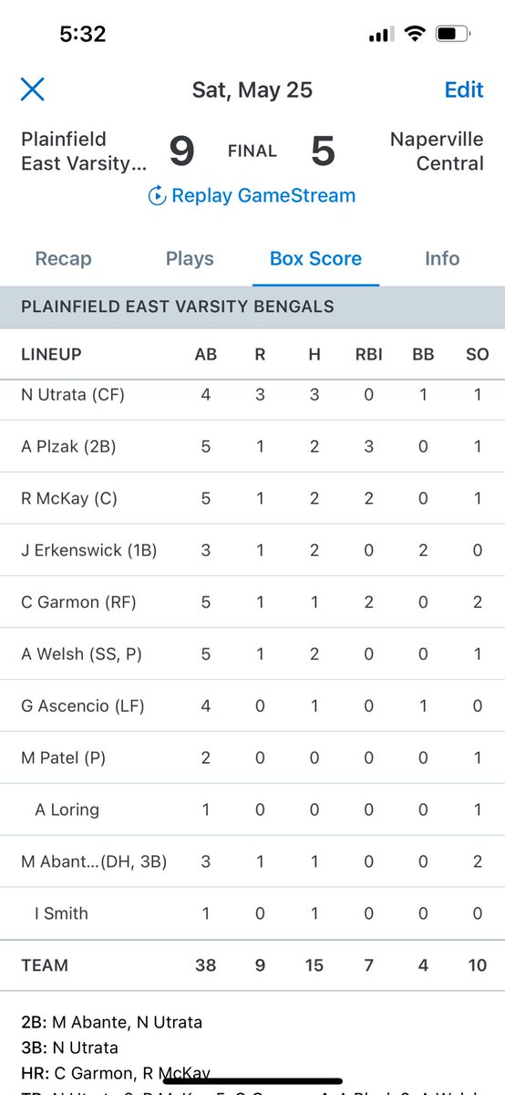 🥎🧡💚REGIONAL CHAMPS!!💚🧡🥎Bengals WIN 9-5 over Naperville Central!
Offense combined for 15 hits w/ 2 doubles, a triple &amp; 2 HRs! M. Patel (W) &amp; A. Welsh were strong on the mound relying on their solid defense who played errorless in the field! Onto Sectionals!