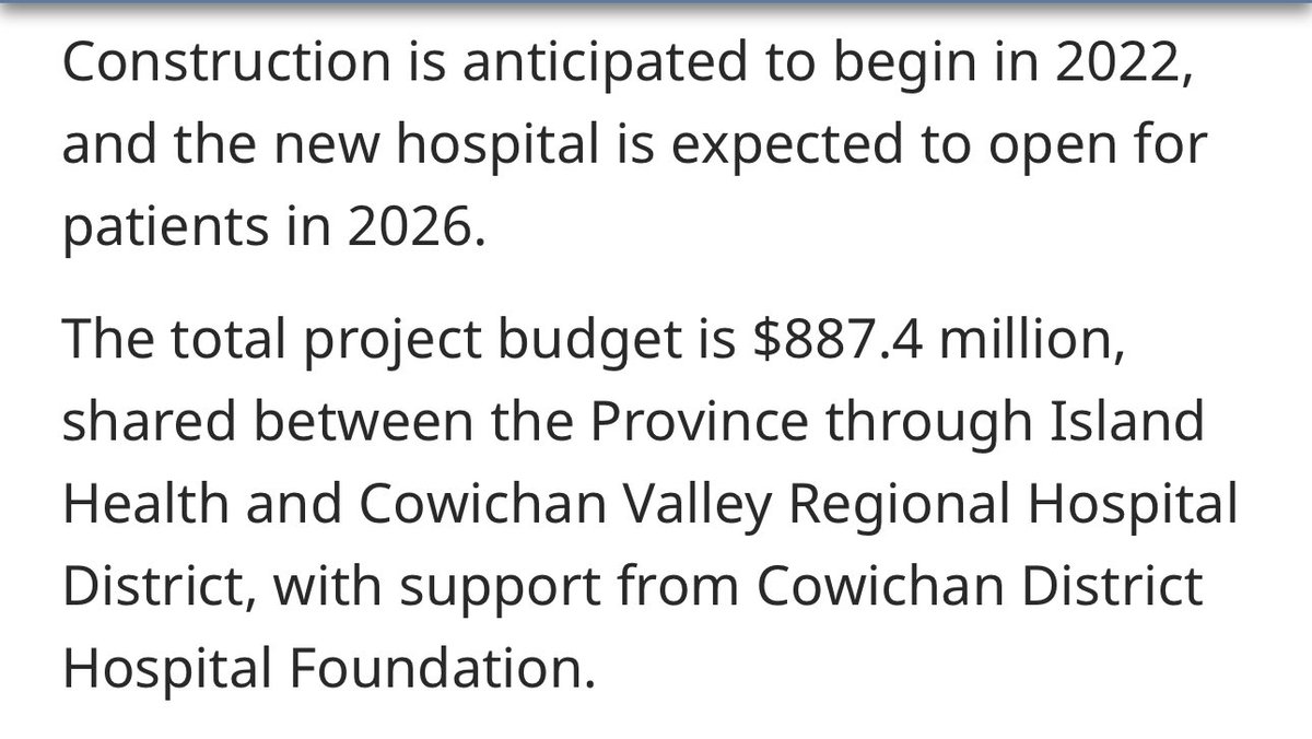 The $1.5 billion Cowichan District hospital is now scheduled to open in 2027. Rewind to April Fool’s Day in 2021, when @adriandix said it would open in 2026 for $887 million. #bcpoli #health