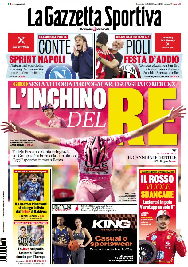 Gazzetta_it's tweet photo. La prima pagina della Gazzetta di oggi: 

📣L'INCHINO DEL RE

Le notizie 👉https://t.co/1BDXAqKwJ5 https://t.co/qOWnJ7qS3h