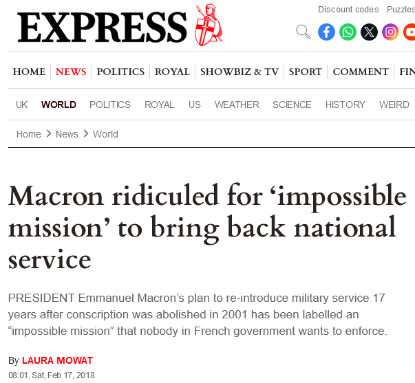 In 2018, the Express took great pleasure in ridiculing Emmanuel Macron's attempts to bring back national service. Tonight, they've cleared the top of their website front page for a massive splash about how the Tories plan to do just that in Britain.