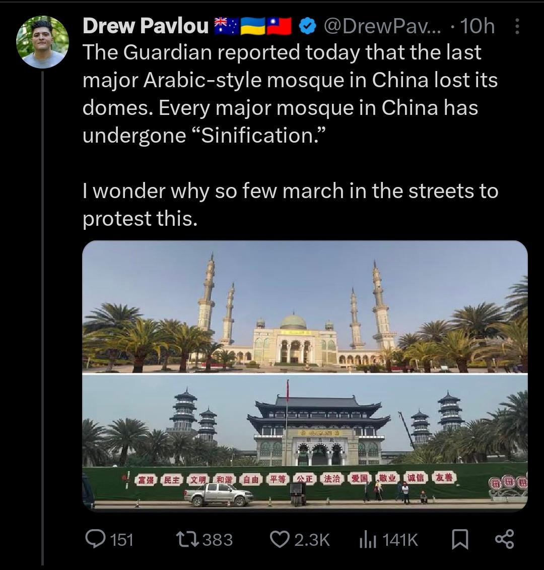Even if Drew wants you to believe he's genuinely upset about this mosque redesign, he's using it to gaslight (yet again) people protesting an ongoing slaughter of Palestinian children whose deaths are apparently about as important as Mosque architecture. x.com/DanielDumbrill…