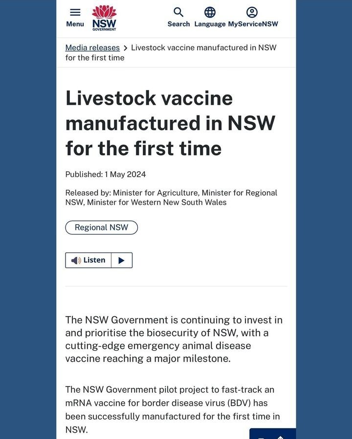 Aus 🇦🇺 Wowsers 👀 We have another coincidence....Just in time for the 𝘽𝙞𝙧𝙙 𝙁𝙡𝙪 outbreak, the NSW Govt announces its fast tracking The mRNA Livestock Vaccine...You literally cannot make this shit up. Never Forget, 𝙋𝙧𝙤𝙗𝙡𝙚𝙢, 𝙍𝙚𝙖𝙘𝙩𝙞𝙤𝙣, 𝙎𝙤𝙡𝙪𝙩𝙞𝙤𝙣...👇