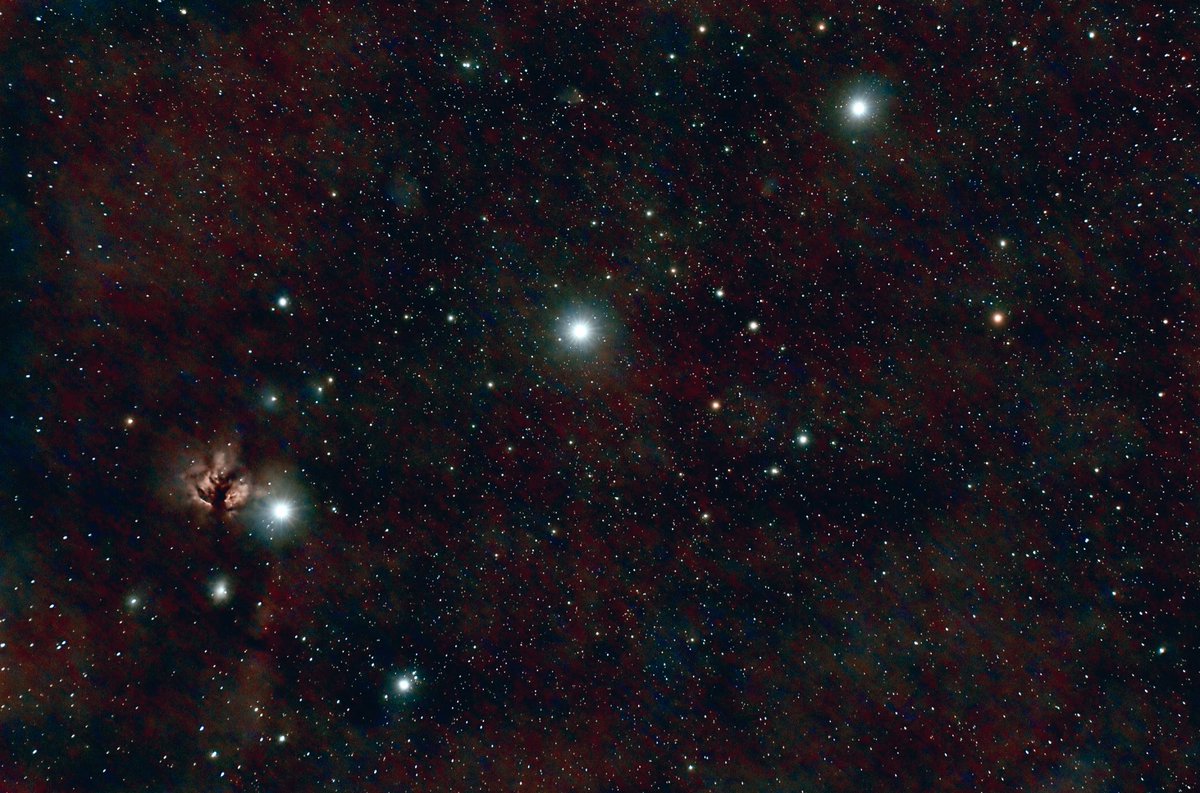 A re-process of Orion’s Belt and the Flame Nebula. The belt is composed of the 3 stars Alnitak, Alnilam and Mintaka. While it does not show up well in the jpeg, the reddish clouds are prominent in the original. Shot in March 2023 with a Canon DSLR and a 135mm Rokinon lens