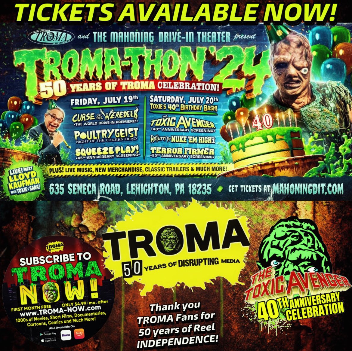 Tickets! 

mahoningdrivein.ticketleap.com/tromathon24/