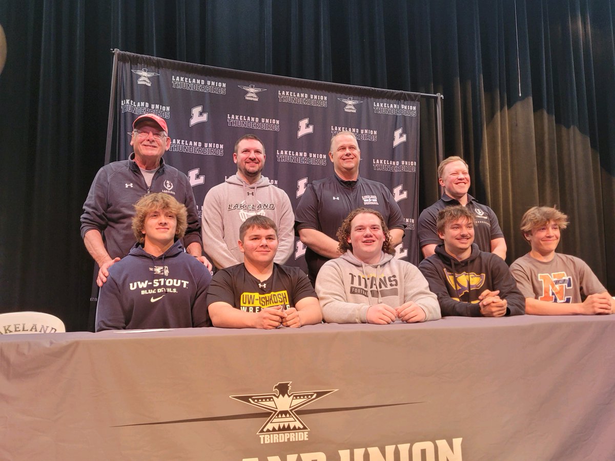 Congratulations to five of our seniors who signed to become collegiate athletes!

<a href="/Amershek72/">Zane Amershek⁷²</a> - <a href="/UWOFootball/">UW-Oshkosh Football</a> 
<a href="/MaccoyH3/">Maccoy Holmquist</a> - <a href="/UWStoutFootball/">UW-Stout Football</a> 
<a href="/leonard_chosa/">Leonard Chosa</a> - <a href="/UWOWrestling1/">UWO Wrestling</a> 
<a href="/1graylogan1/">Logan Gray-Ives</a> - <a href="/NCJaxBaseball/">Northland College Baseball</a> 
Talon Haling - <a href="/UWSPtrackXC/">UWSP Track & XC</a>

Go T-Birds!