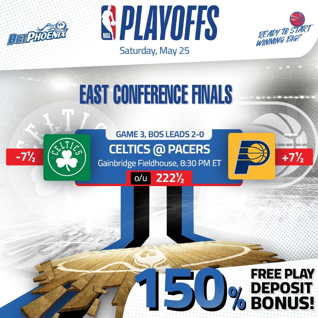 🏀#NBA #ConferenceFinals Saturday!🔥 💵Join #BetPhoenix & Get $100 Check📌 🏀 #Celtics @ #Pacers 8:30 PM ET Indiana #BoomBaby hosts Boston #DifferentHere in the Eastern battle for the #NBAFinals! Get your #NBABets with our 150% #NBAPlayoffs Bonus!💰 #NBATwitter #NBATwitterLive