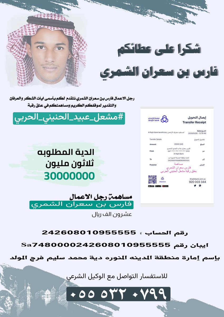 رجل الآعمال فارس بن سعران الشمري يودع مبلغ عشرون الف  ريال ل  #عتق_رقبه_مشعل_عبيد_الحربي جزاه الله خير الجزاء شاكرين ومقدرين موقفه ومبادرته الكريمه فهو اهل المواقف الطيبه والمبادرات المشرفه
