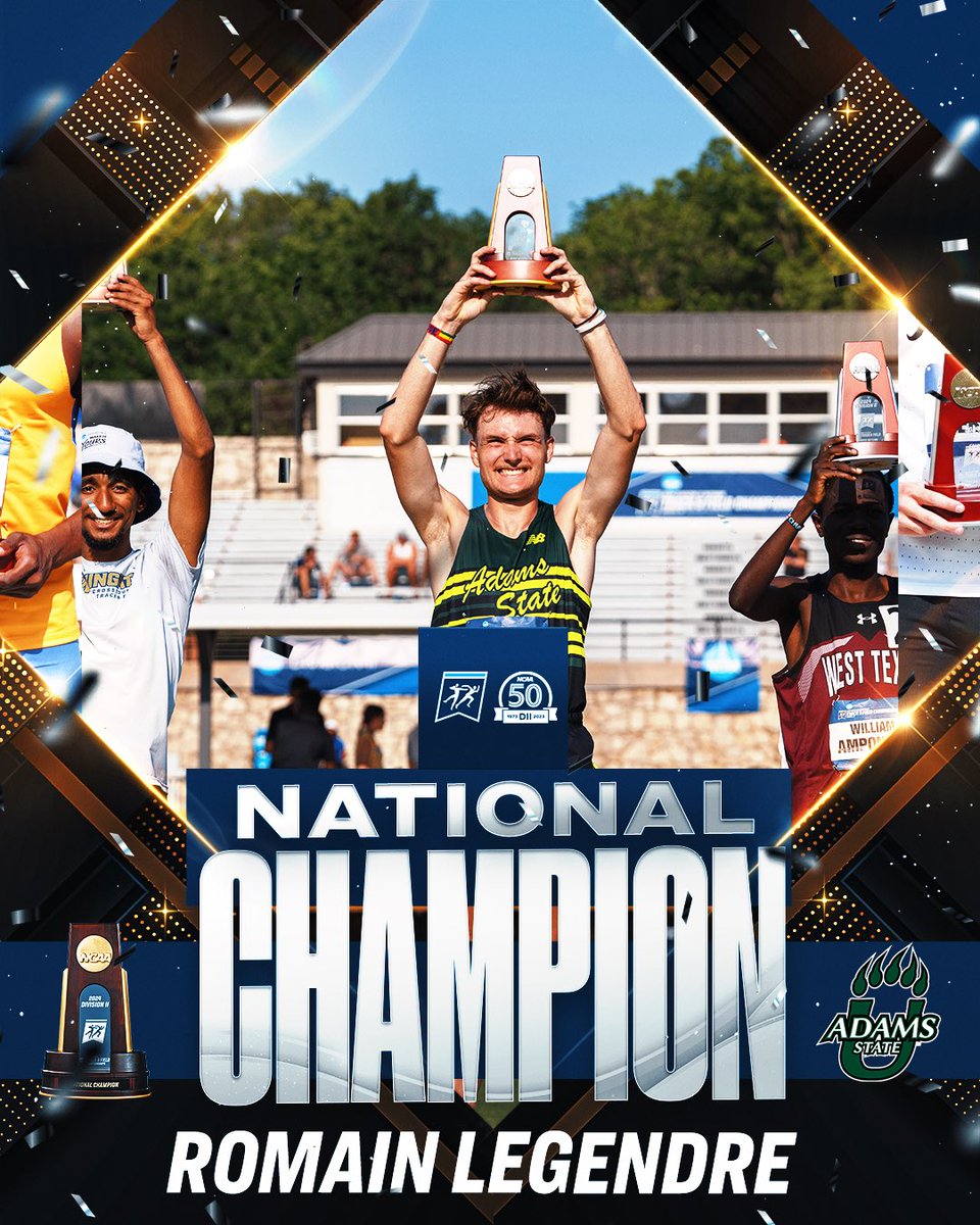 With a time of 14:36.13, Romain Legendre of <a href="/ASUGrizzlies/">Adams State Grizzlies</a> is your National Champion in the men’s 5000m 🐻 

#MakeItYours | #D2MOTF