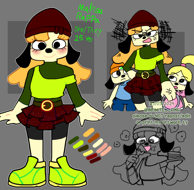 INFINITE__PINK's tweet photo. [ #ParappatheRapper + #OC ]
[ #MalissaRappa ]

Silly FC I made based off a certain character I've been going insane about for a week

Malissa Rappa! a MaSillySa that's related to pappy rappy n pinto and likes singing, eating strawberry shortcake aand playing with rings. https://t.co/h6upiLS3dF