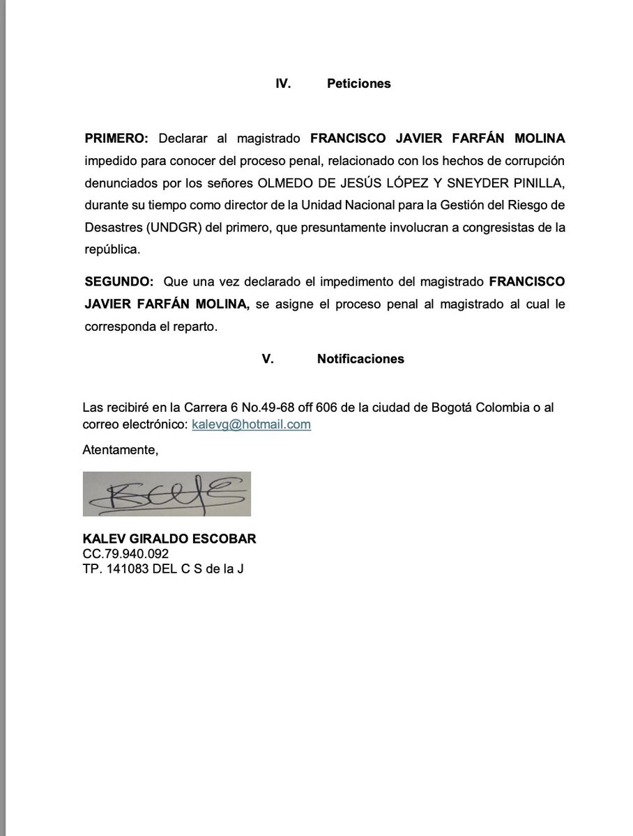 Atención. Tras mi denuncia sobre Manzur - Farfán, radican solicitud para que el magistrado Francisco Farfán se declare impedido y no pueda seguir investigando la corrupción en la UNGRD. La Comisión de Acusaciones investiga a Farfán, y Farfán tiene las indagaciones sobre la