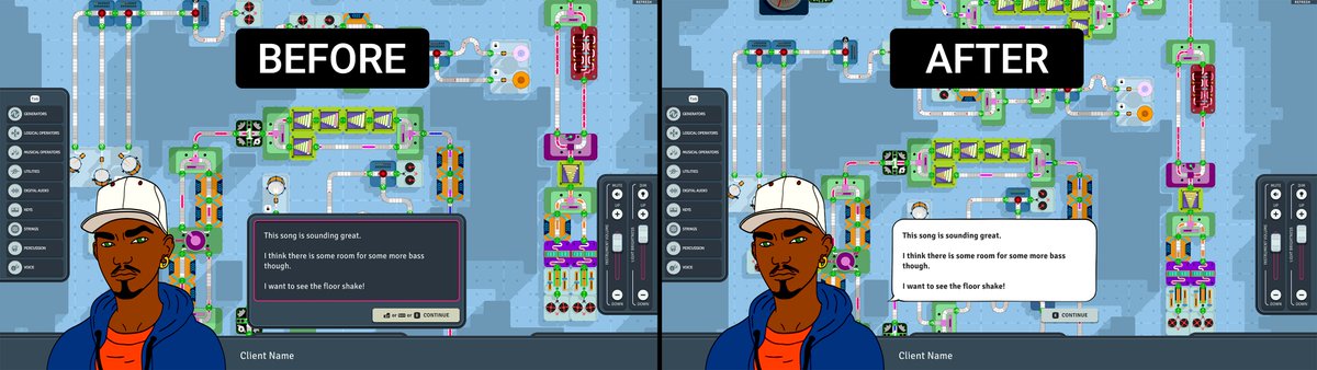 I think the speech bubbles are the way to go here, any thoughts?  Let me know if I'm heading down the wrong path here.

#indiegame #logic #puzzle #music