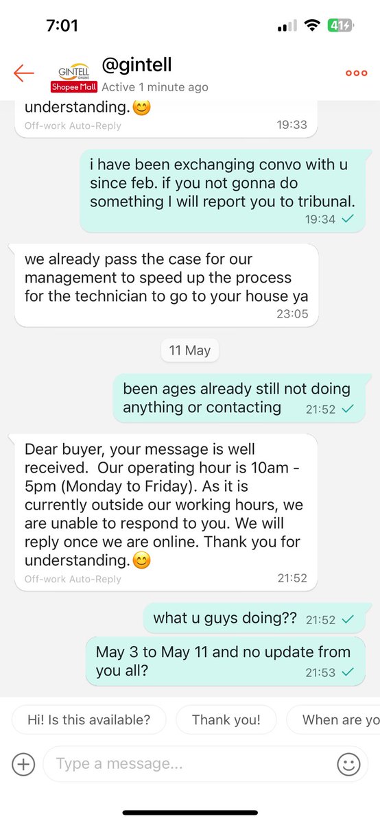 KiddyKiel's tweet photo. @gintell you are the  biggest scam of all. I purchased through ur official store since Cny, i keep messaging eversince come upto Raya, i never received any technician.Ald reported ever since ur item broken. Scammers! Last msg May11. This from official store Lol https://t.co/k1Y0vw4Tqi