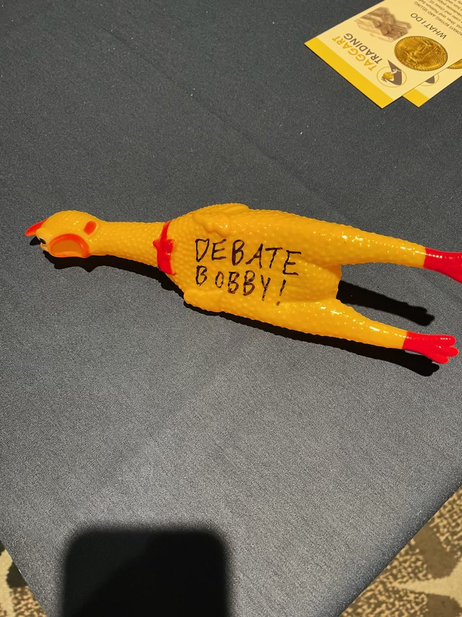 Secret Service agents are confiscating the rubber chickens the pro-RFK Jr super PAC handed out to attendees to disrupt Trump’s speech tonight at the Libertarian convention. “No lighters, no water bottles, no noisy chickens,” one agent yelled out to people in line.