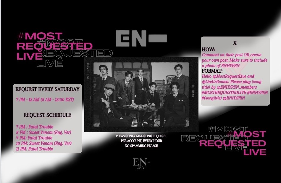 [X] Most Requested Live is here ENGENE follow the directions below to request ENHYPEN on MRL 🔗:x.com/intent/tweet?t… #ENHYPEN #엔하이픈  @ENHYPEN @ENHYPEN_members @MostRequestLive @OnAirRomeo