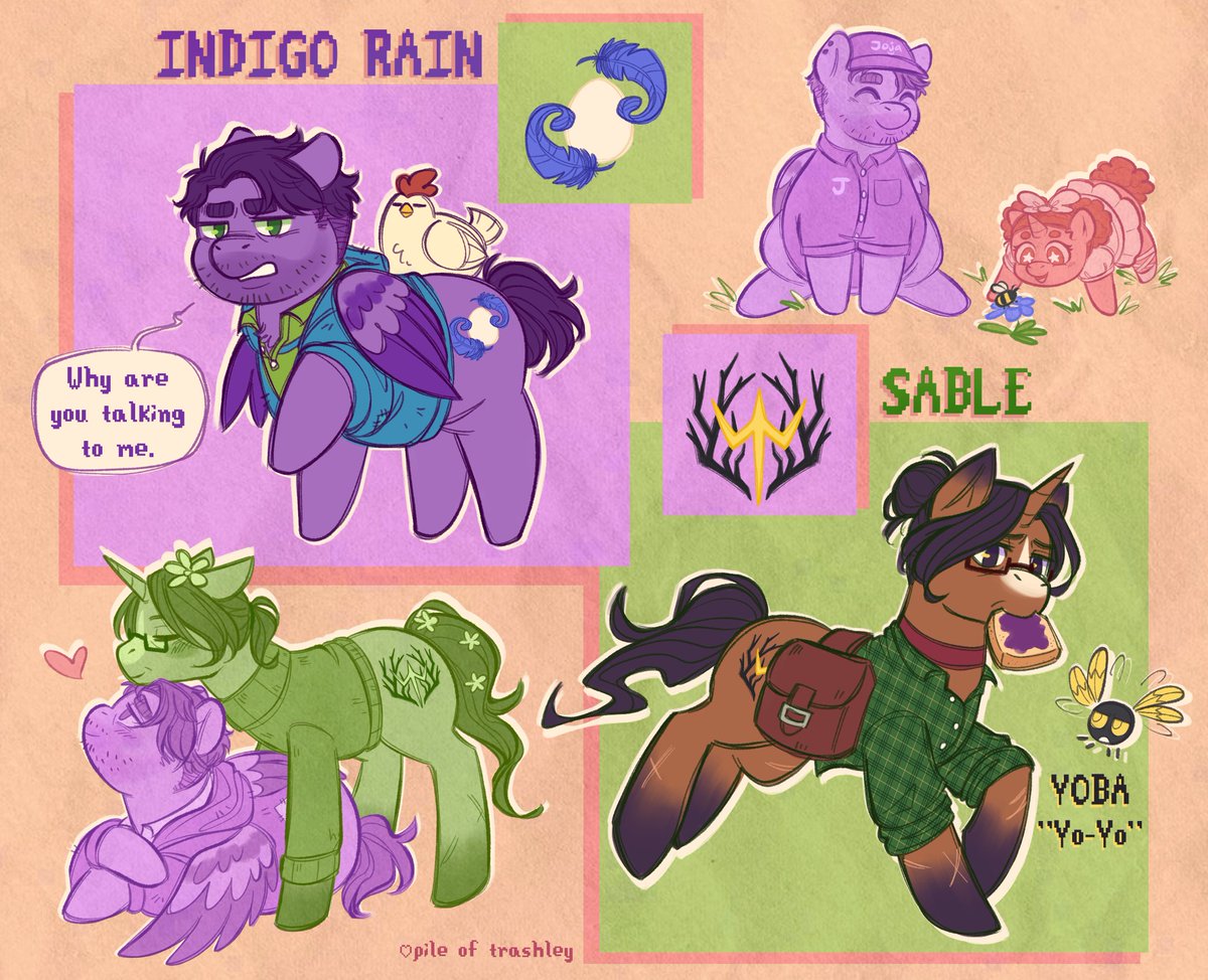 PileOfTrashley's tweet photo. stardew valley but there are ponies everywhere🐴
i mainly just wanted to do my own ver of mlp shane but then i was like "ok fine i'll throw jas  &amp; samuel &amp; yoba in there too why not."
(psst--there's a lil extra drawing in replies) 👇👍 https://t.co/ph4i4KwQ4x