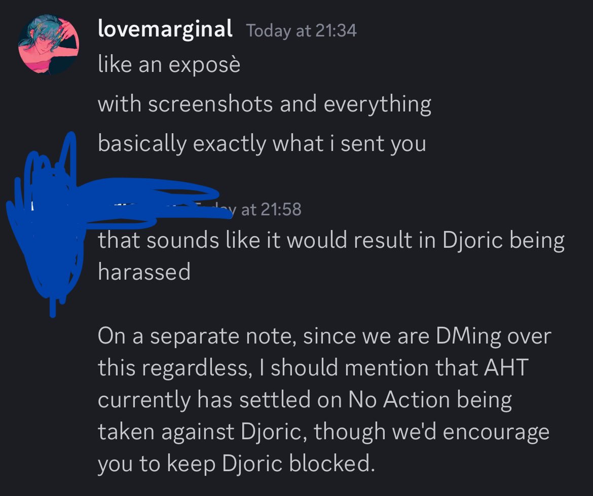 LOVEMARGlNAL's tweet photo. Oh. Also. AHT is more worried about Djoric getting harassed than what I’ve already experienced… i suppose! https://t.co/l6wiHTSk2w