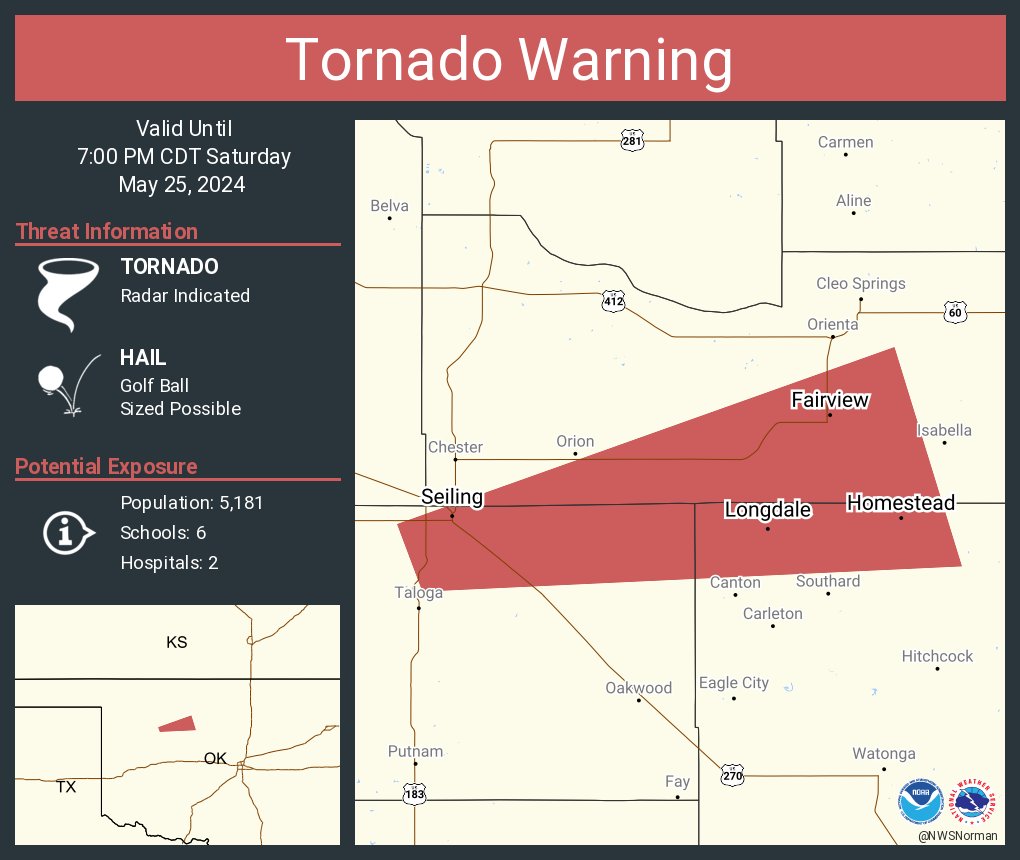 NWStornado's tweet photo. Tornado Warning including Fairview OK, Seiling OK and  Longdale OK until 7:00 PM CDT https://t.co/SB7CoFwVU7
