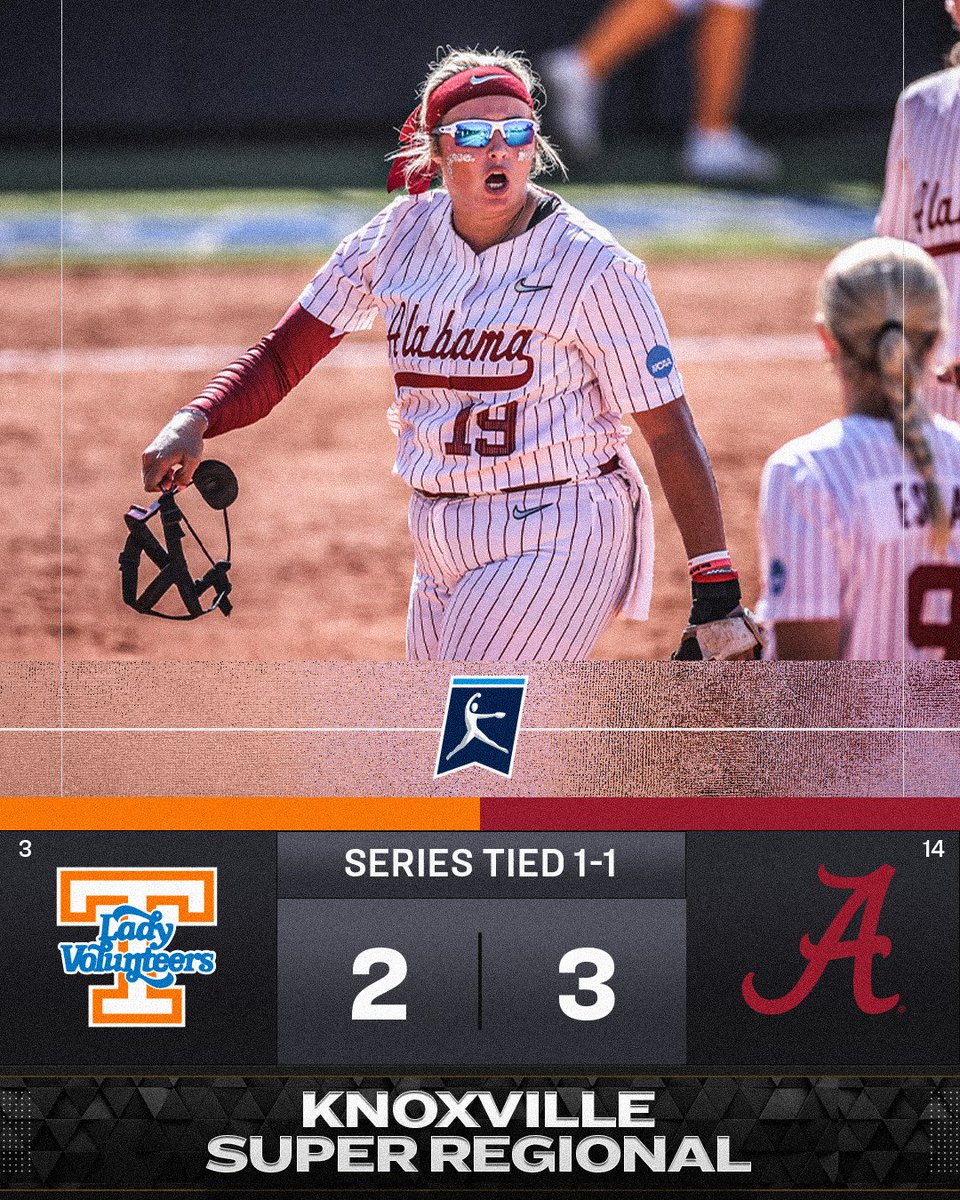 NCAASoftball's tweet image. THE TIDE WINS IT IN THE 14TH 😱😱😱

(14) @AlabamaSB outlasts (3) Tennessee, 3-2, in 14 innings to force Game 3 in Knoxville!

#RoadToWCWS