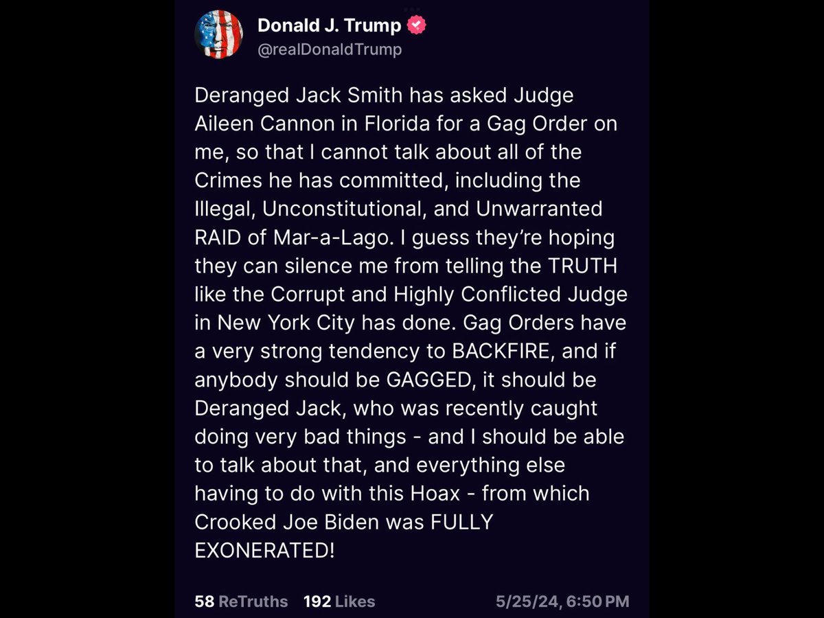 This posting by Trump could be seen as another threat against Jack Smith. But the actual threat is aimed at Judge Cannon herself. By calling New York Judge Merchan a “Corrupt & Highly Conflicted Judge,” he’s warning Cannon about the fate that awaits her if she doesn’t obey him
