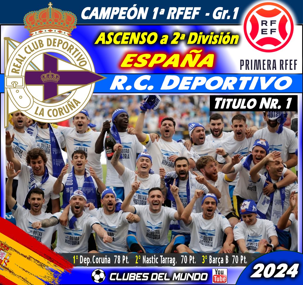 ClubsDelMundo's tweet photo. Siendo yo del Celta me alegro anunciar el Ascenso del gran DEPORTIVO de LA CORUÑA a 2ª División. Lo hace como Campeón del Gr.1 de la 1ª RFEF. Ojala lo tengamos pronto en Primera
#RCDeportivo #Depor #DeportivoLaCoruña #Galicia #LALIGAHYPERMOTION #RFEF1 #PrimeraRFEF
@RCDeportivo https://t.co/8ULwfuQAdq
