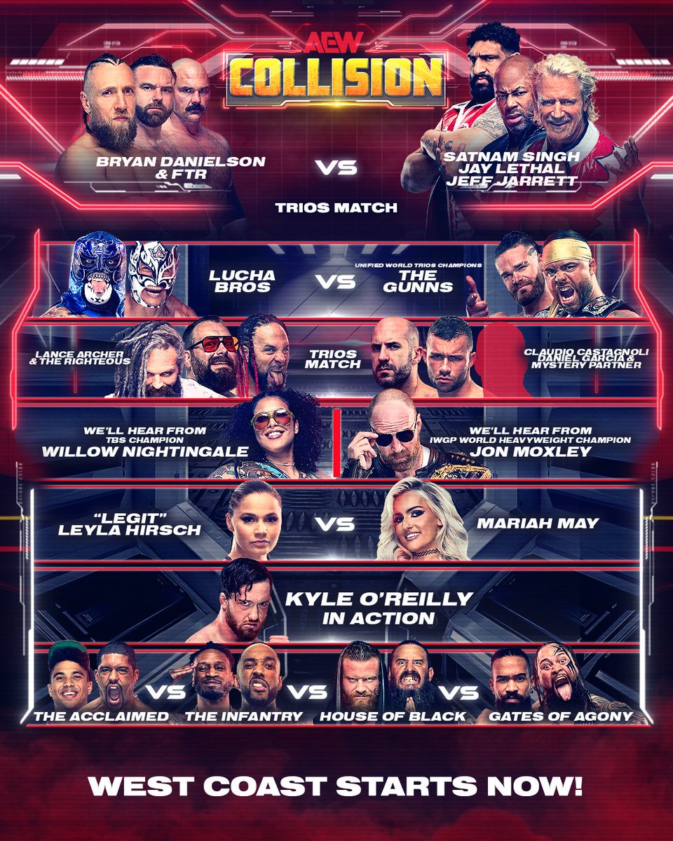 WEST COAST #AEW Fans #AEWCollision starts RIGHT NOW! 8pm PT / 9pm MT / 10pm CT / 11pm ET If you missed the East Coast broadcast, watch it NOW on the @TBSNetwork app, West Coast feed!! Download the app: tbs.com/apps