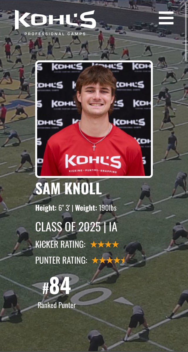 Punting rankings and stars are officially out! Blessed to say I’m now a 4.5 ⭐️ punter and also ranked #84 in the 🇺🇸 for punting ! Super excited to keep working to better myself. Pumped for my camps in June!