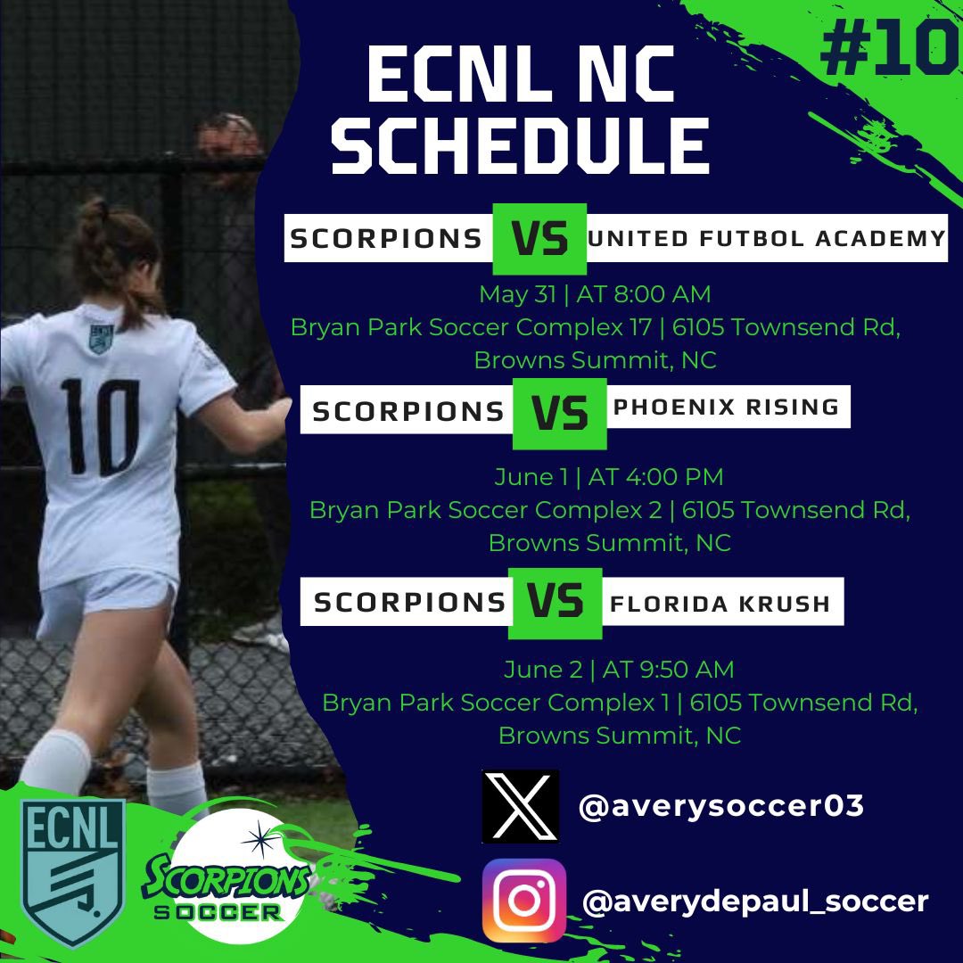 Looking forward to playing in the ECNL North Carolina Showcase next week!!

<a href="/ScorpionsSoccer/">Scorpions Soccer Club</a> 
<a href="/ECNLgirls/">ECNL Girls</a> 
<a href="/ImCollegeSoccer/">College Soccer Truth ™</a> 
<a href="/ImYouthSoccer/">ECNL/GA/Recruiting/College Soccer</a> 
@SoccerMomInt