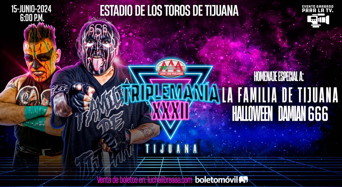 En el segundo capítulo de #TriplemaniaXXXII seremos testigos de un merecido homenaje a la gran trayectoria de la Familia de Tijuana. 👏🏻 🗓️ 15 de Junio. | ⌚ 6:00 PM. 🎟️ Boletos a la venta en @boletomovil.