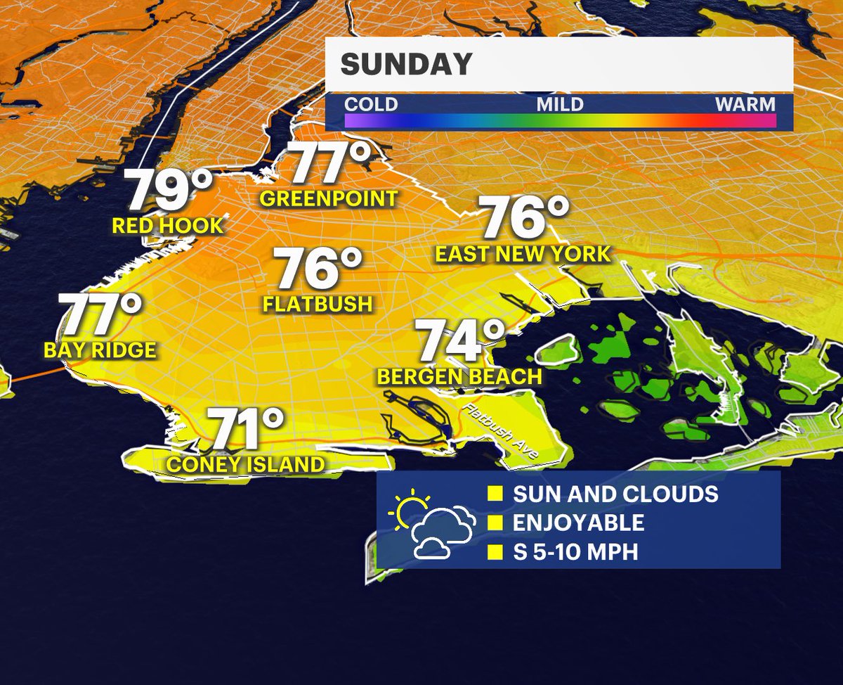 Bronx / Brooklyn We are on storm watch for Monday— but until then things are LOVELY. Sunday is mostly dry with sunshine and clouds. A great outdoor day. Monday brings rounds of rain, with evening storms that could include thunderstorms and localized heavy rain.