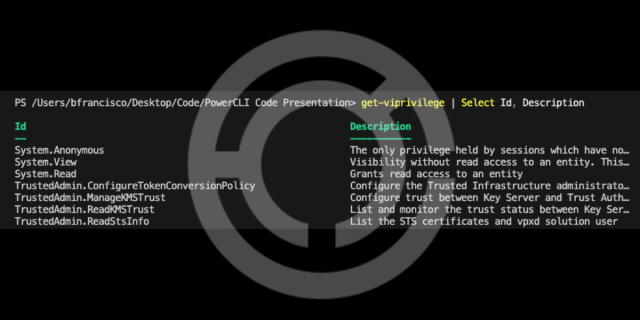 ccie10044's tweet image. From @VMwarecode Manager Franky Barragan - A #PowerCLI one-liner to get all available #vCenter Permissions #JoinVMwareCode dy.si/ubbJ7