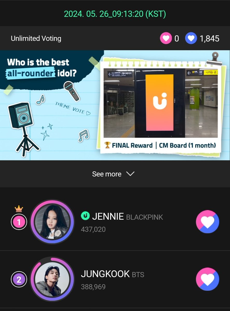 [UPICK-BEST ALL-ROUNDER IDOL] 🗓 6-3-24 - 3PM KST 🏆CM Board (1 month) Goal: Top 🥇 1. JENNIE - 437K votes 📢 Let's keep an eye on our gap! Maintain our spot. You can drop jams but make sure to save for the event on Monday. 🔗s.u-pick.io/dl/a2gKb72HWbW… #JENNIE #제니