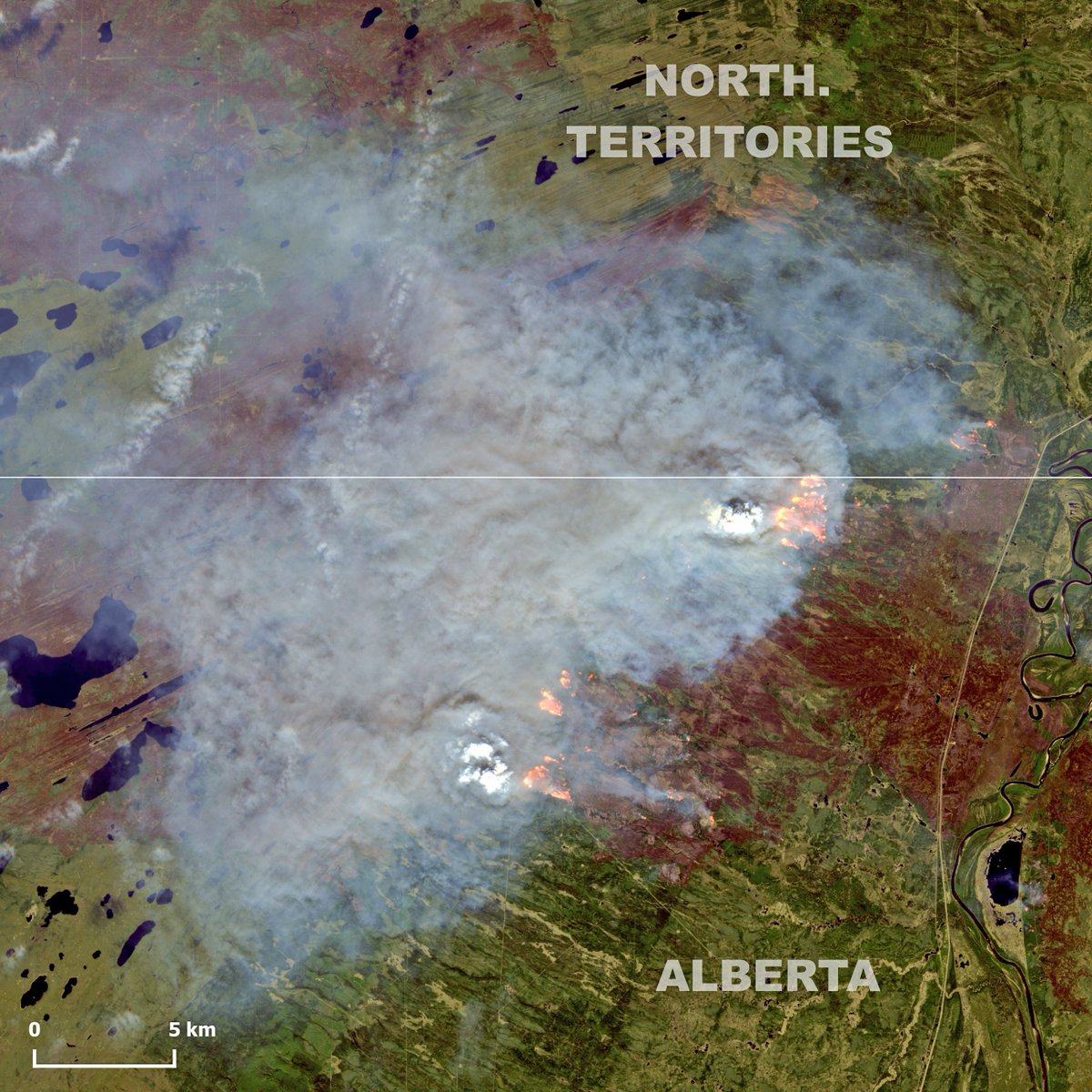 🔴⚠️🔥🇨🇦 And North America is on fire again!#wildfires have restarted in #Canada. Smoke is already spreading in #BritishColumbia with large fires also between #Alberta & #NorthernTerritories. This is the newest 📸 by #Sentinel2 on May 24, at those border. #climateemergency