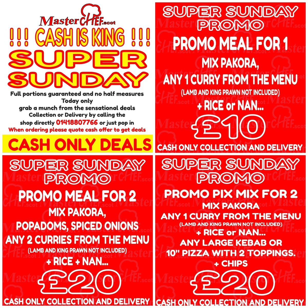 masterchef_scot's tweet image. CASH IS KING PROMO
Tuesdays Deals grab a munch from the sensational deals Collection or Delivery by calling the shop directly 01418807766 CASH ONLY DEALS  (when placing the order you will have to mention PROMO) T&amp;amp;C