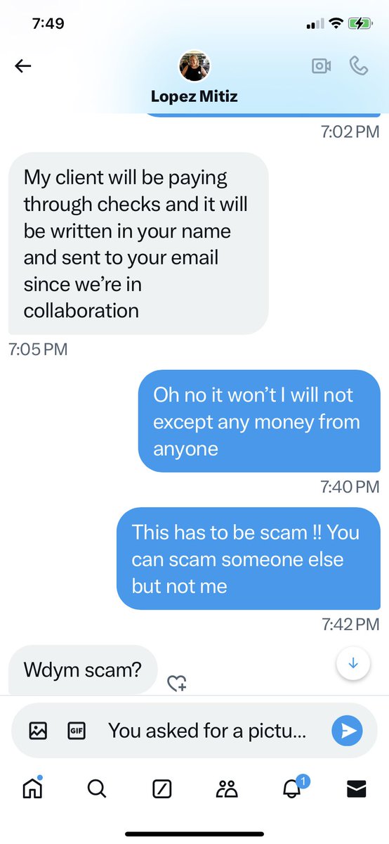 Ok this supposedly a woman but it’s a scammer! Lot of Patriots follow her! Her profile had her following around 200 but I had to unblock to get her profile and it was at zero! This is exactly why I don’t like to follow from other people’s followers! Read her dm! She tells you