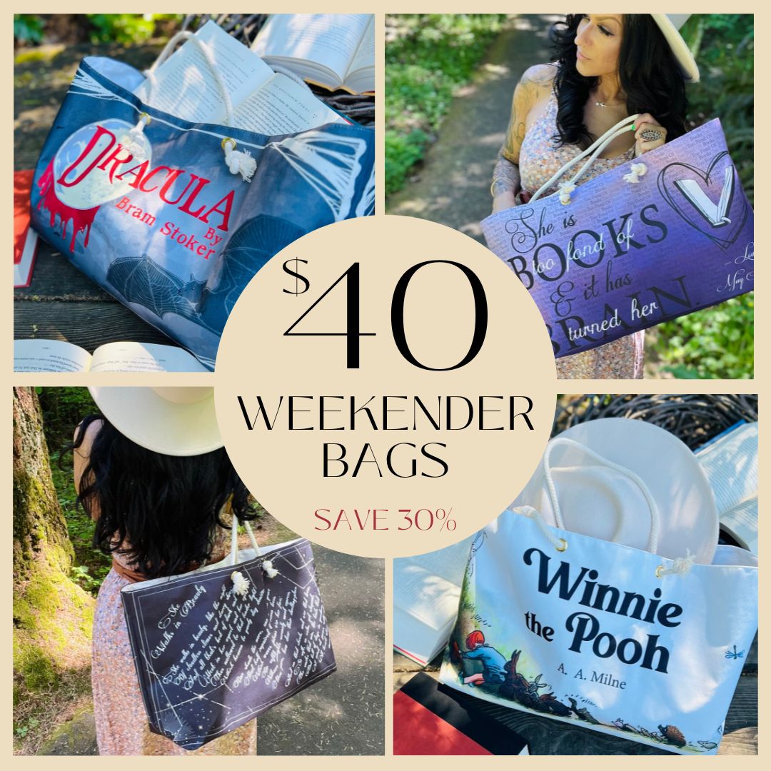🌞👜 Whether it's an overnighter or a day in the sun, our weekender bags have you covered. And all weekend long, they're just $40! Including 4 new designs: Winnie-The-Pooh, Dracula, She Walks in Beauty, and Louisa May Alcott. Don't miss out!